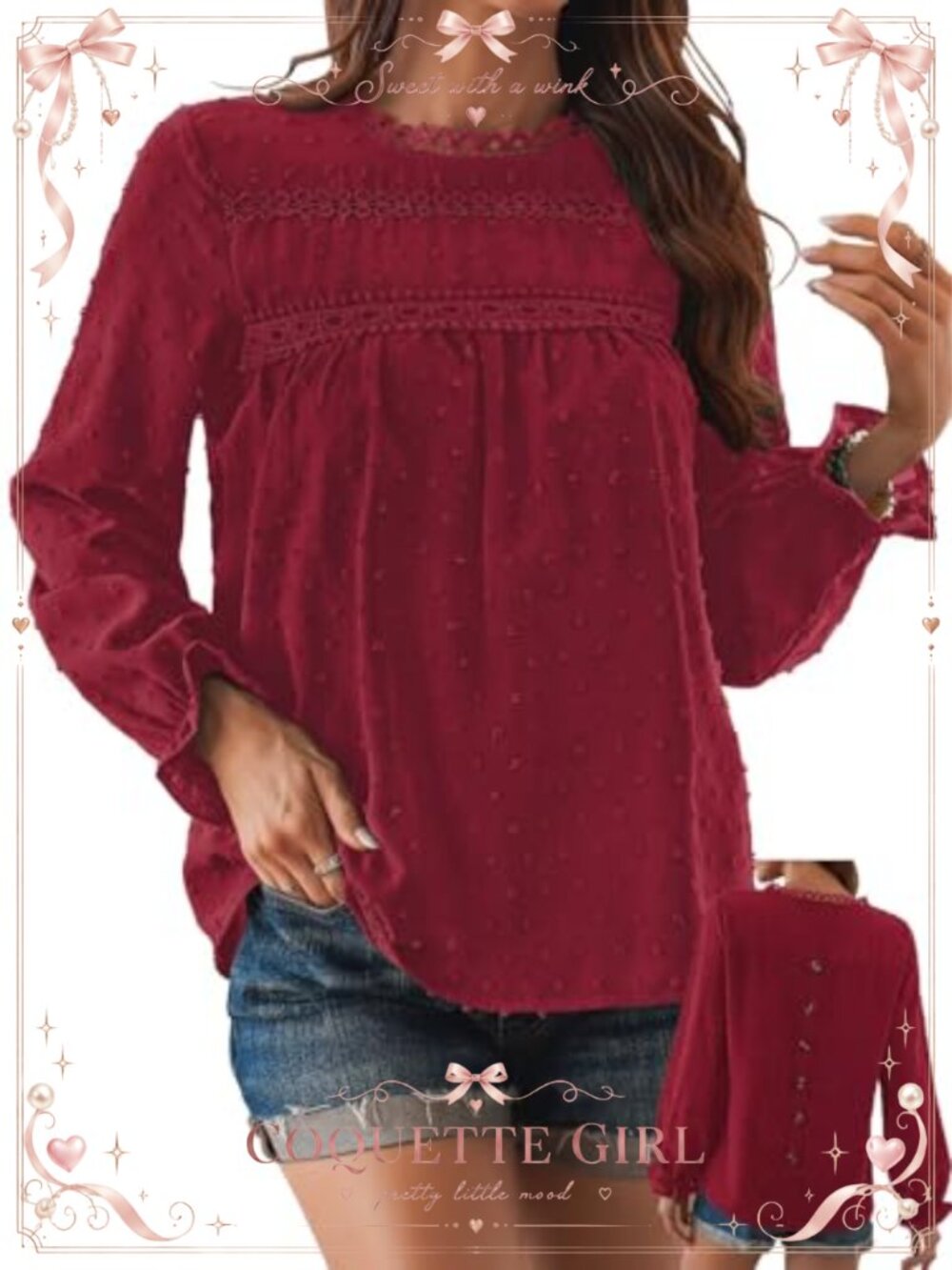 Ruffle Long Sleeve Swiss Dot Blouse Crochet Peasant Top